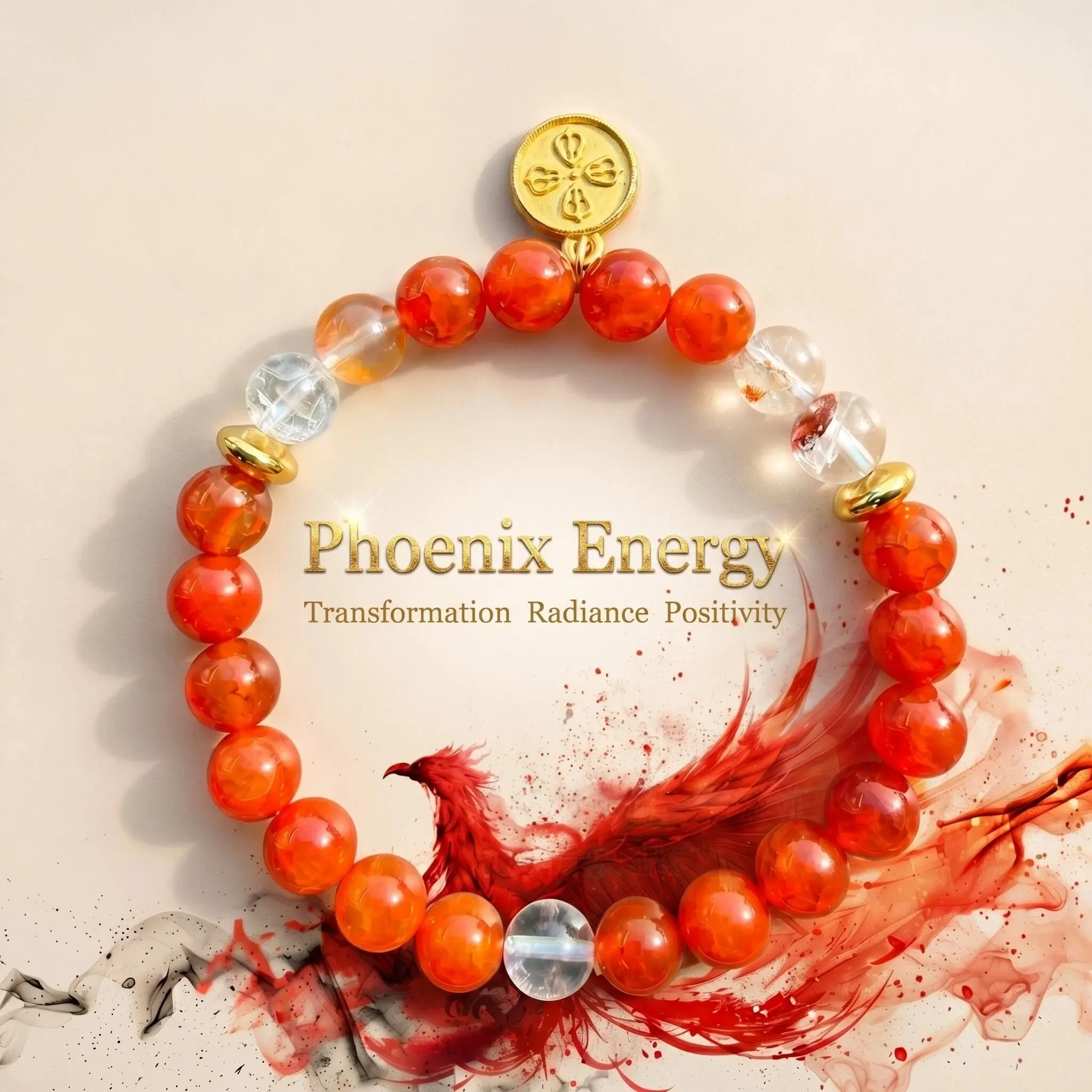 【New Arrival】HCrystyle Phoenix Energy Crystal Bracelet 8mm Sunstone & Ice Fire Agate – Transformation Radiance Positivity, Joy Leadership Personal Power, Tranquility Emotional Balance, Gold Foil Pendant (7.5-8") Bracelet for Women decor