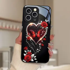 Diamond-encrusted Red Heart Rose Romantic Fashion High-end Tempered Glass Phone Case Suitable for iPhone 17 16, 15, 14, 13, 12, 11 Plus Pro Max