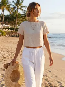 IDEALSANXUN Women's Short-Sleeve Linen-Cotton Crop Tunic, Round Neck Cute Crop Tops for Women, Casual Spring-Summer Flowy Ruched Floral Beige Minimalist Comfy Lightweight Beach Tops summerwins