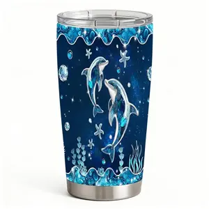 20oz Cute Two Dolphins Starfish Seaweed Crystal Pattern Stainless Steel Tumbler， Tumbler with Lid Double Wall Vacuum Insulated Travel Mug