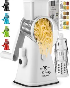 Rotary Cheese Grater with Upgraded, Reinforced Suction - round Cheese Shredder Grater with 3 Replaceable Stainless Steel Drum Blades - Easy to Use & Clean - Vegetable Slicer & Nut Grinder (White)