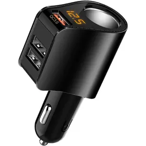 Cigarette Lighter Socket Adapter, Car Charger QC3.0, 12V/24V Outlet Plug Splitter with Multi USB Ports, Voltmeter Compatible for iPhone, Galaxy, GPS