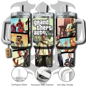 HardTimesMerch - Grand Theft Auto V #3 40oz Handle Tumbler Stainless Steel Travel Mug, Game Inspired Vacuum Insulated Cup, Large Iced Coffee Tumbler, Manga Fighter Drinkware, Gamer Gift for Him Her
