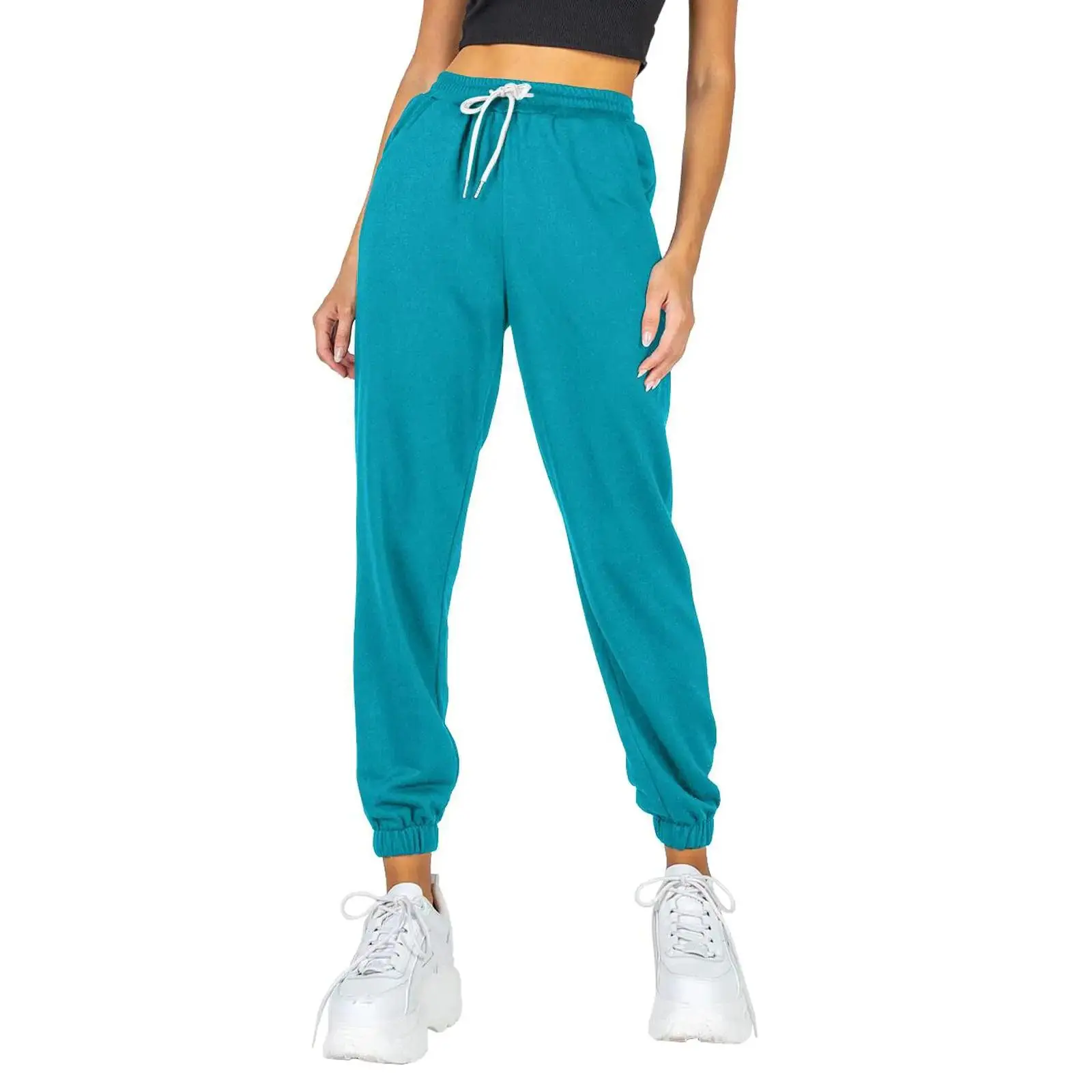 AUTOMET Women's Cinch Bottom Sweatpants High Waisted Athletic Joggers Cyan XX-Large