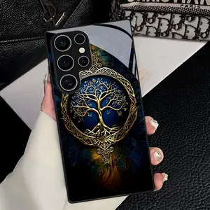 Dark Blue Celtic Style Phone Case with Tree Print for Samsung Galaxy S25 S24 S23 S22 S21 Ultra Plus S25 FE 4G 5G and A07 A06 A05 A05S Series Anti-Fall Tempered Glass Mobile Phone Case