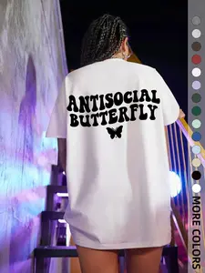 ntisocial Butterfly Graphic T-Shirt, Retro Wavy Font Butterfly Print Tee, Oversized Comfort Colors Shirt, Trendy Casual Short Sleeve Top, Introvert Aesthetic Cotton Tee for Everyday Wear and Alt Outfits