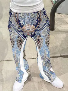 Men's Loose Fit 3D Print Bell Bottom Pants, Casual Sporty Streetwear, Hip Hop Vintage Christmas, Fitted Long Pants