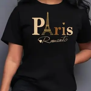 [100% Cotton][Graphic Tee] Paris Eiffel Tower Graphic Tee - ‘Romantic’ Script with Heart Accents on Black & White,Four-season casual short-sleeved T-shirt - suitable for both men and women. Basic layering piece. Soft and comfortable.