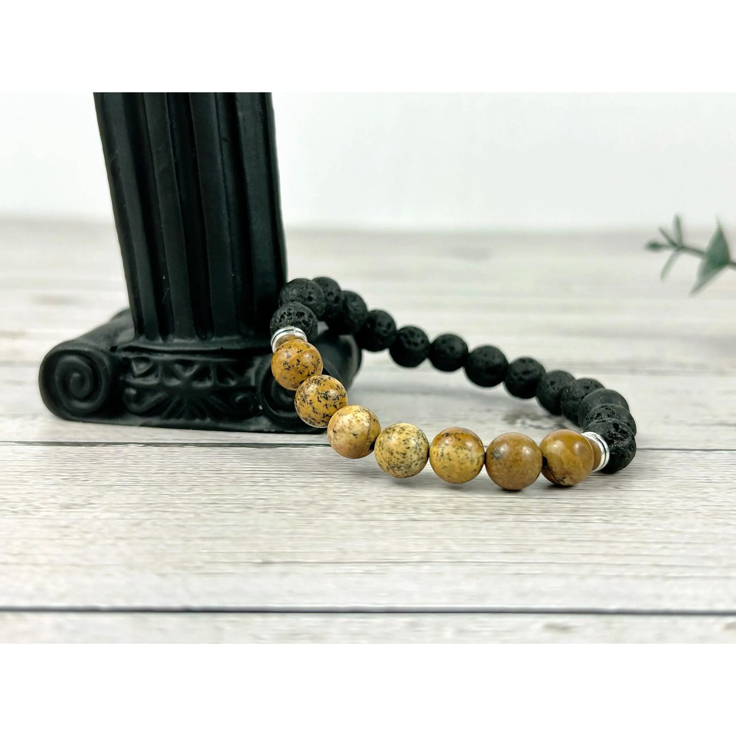Picture Jasper Bracelet with Black Lava Beads - Essential Oil Bracelet - Diffuser Bracelet