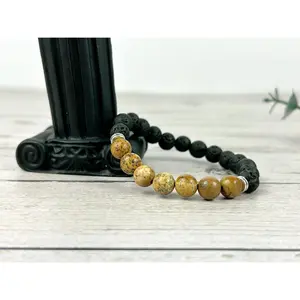 Picture Jasper Bracelet with Black Lava Beads - Essential Oil Bracelet - Diffuser Bracelet