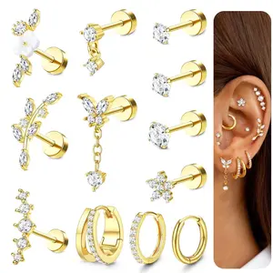 GANIA Hypoallergenic Cartilage Earrings (Flat-Back Style) – 12 Styles for Layering – Earrings Suitable for Sensitive Ears – Set of flat-back studs and hoop earrings, suitable for piercings in the tragus, concha, helix, and other areas (Single piece)