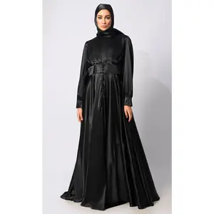 Contemporary Couture: Black Satin Flared Abaya with front Pleating and show Buttons - Final Sale