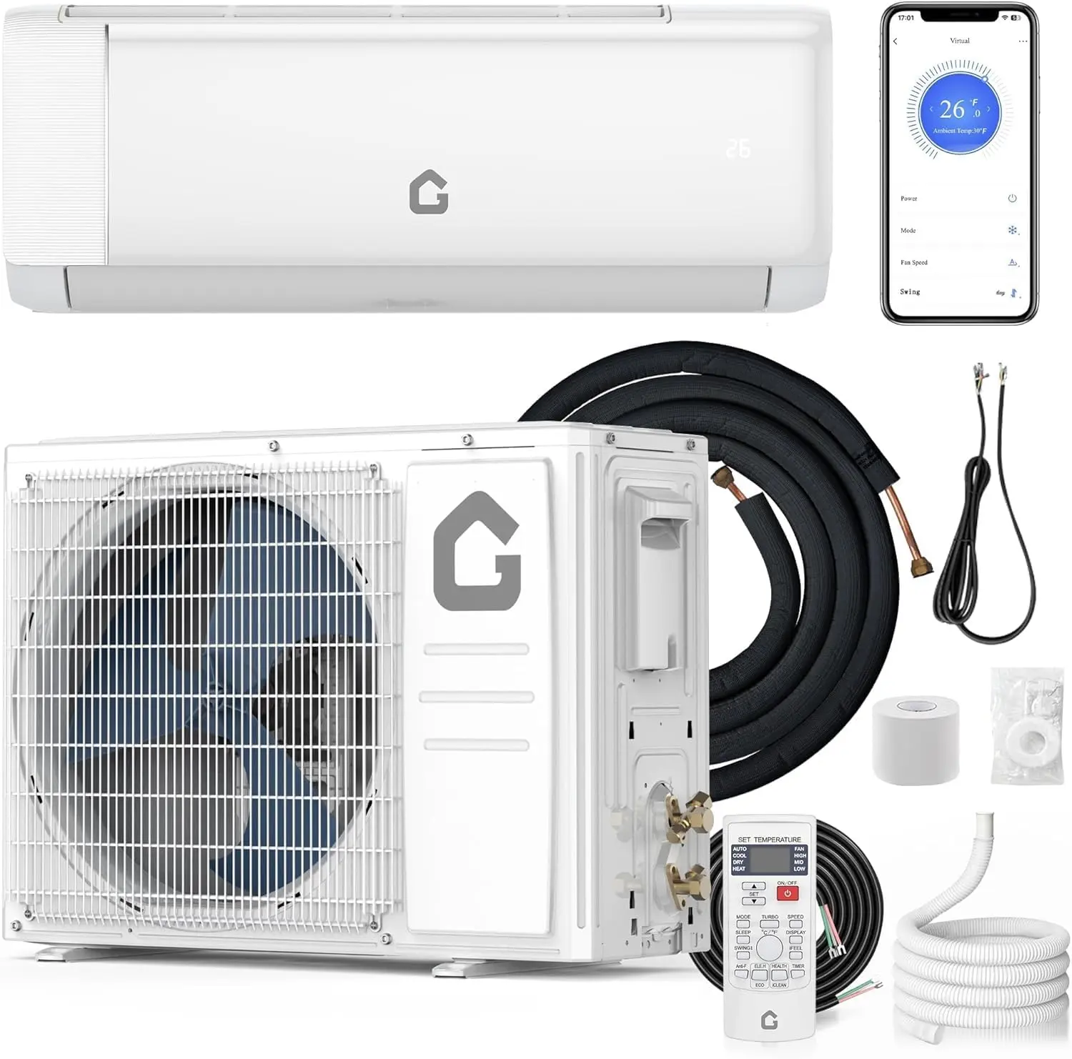 Mini Split Air Conditioner Heat Pump, 9000BTU AC Inverter Unit 115V Alexa & Wifi 19 SEER2 Up to 450 Sq.ft R32 7-in-1 7 Fan Speeds