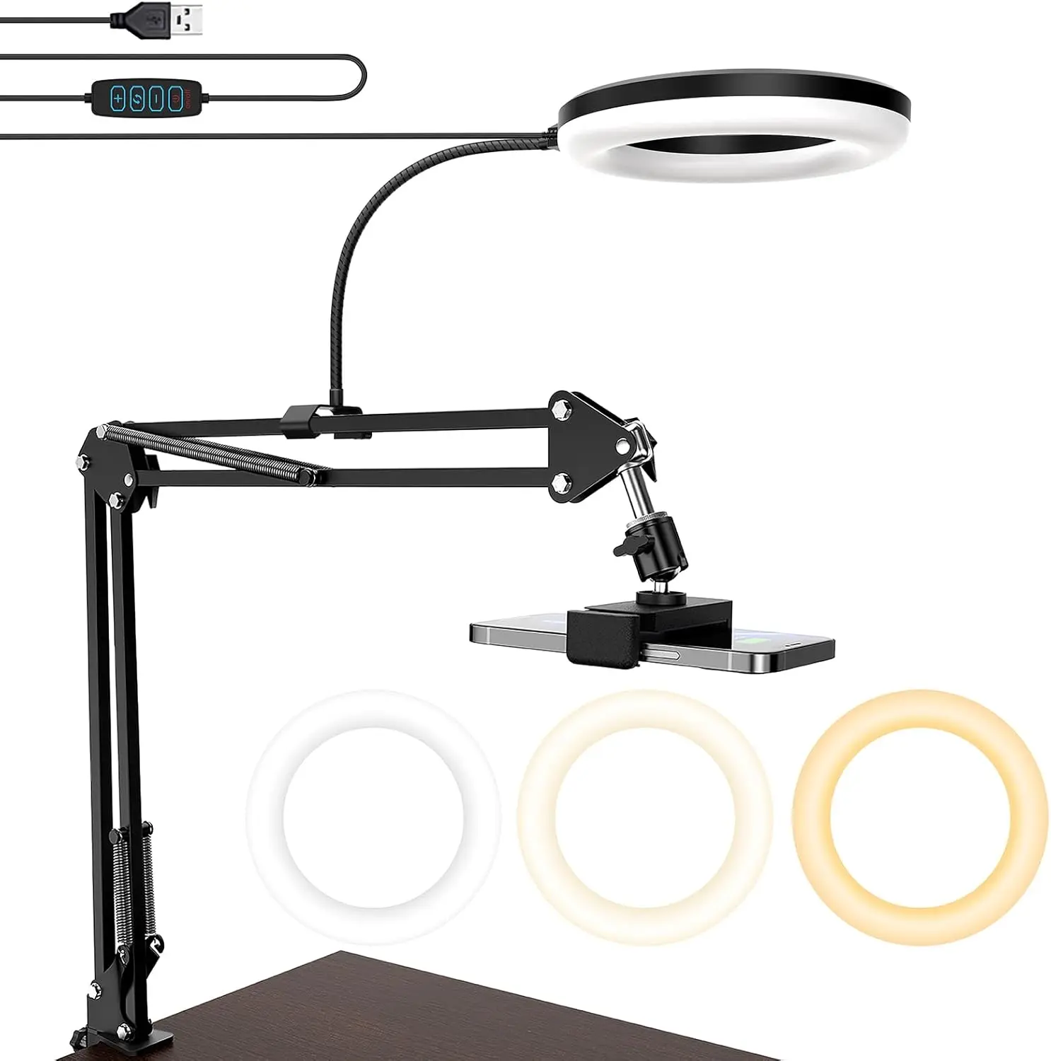 Metal Adjustable Overhead Camera Mount with Ring Light - Flexible Articulating Arm Stand, Bluetooth Remote Control (Bluetooth Ctrl), Mobile Selfie Accessories, Desk Tripod for Smartphone, iPhone, Logitech Webcam - YouTube Live Stream, Cooking Recording