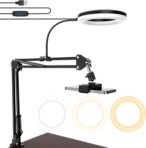 Adjustable Overhead Camera Mount with Ring Light, Flexible Articulating Phone Arm Stand Accessories for Cellphone, iPhone, Logitech Webcam, Desk Tripod, Bluetooth Remote Control - YouTube Live Stream, Cooking Video Recording