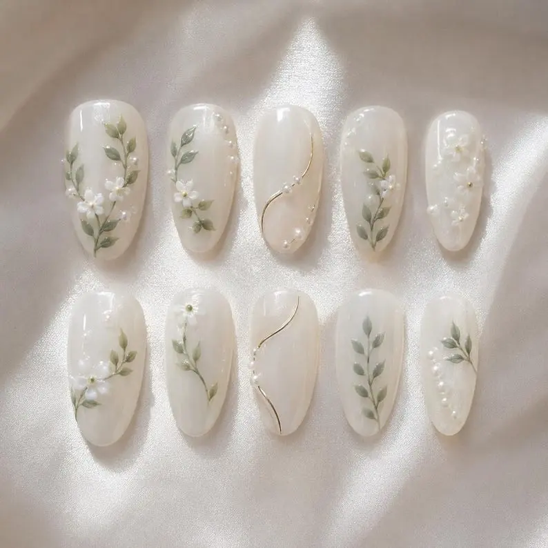 Elegant White Floral Press On Nails, Pearl Botanical Fake Nails, Minimalist Wedding Nail Art, Hand Painted Leaf Design Nail