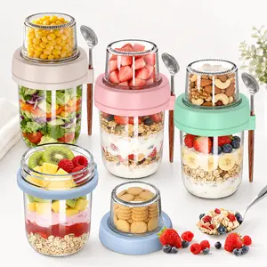 Portable Stackable Overnight Oats Glass Jars 4-Pack, 20oz Dual Compartment Storage Containers with Spoons for Meal Prep (16+4 Configuration)