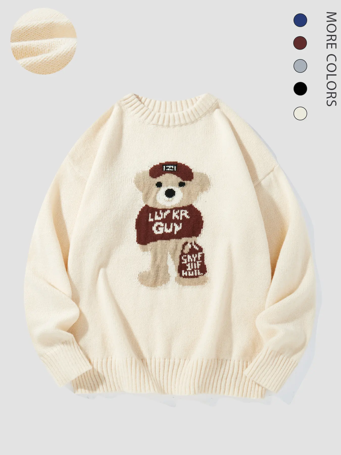 Men's Embroidered Bear Print Sweater, Casual Drop Shoulder Polyester Knitwear, Full Sleeve Round Neck Jumper for Fall & Winter, Menswear, Longsleeves