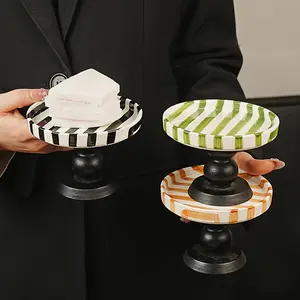 Hand-Painted Japanese Vintage Striped Aesthetic Ceramic Plate, Dessert Dish, Small Appetizer Serving Tray, Kitchen Accessories, Home Diningware