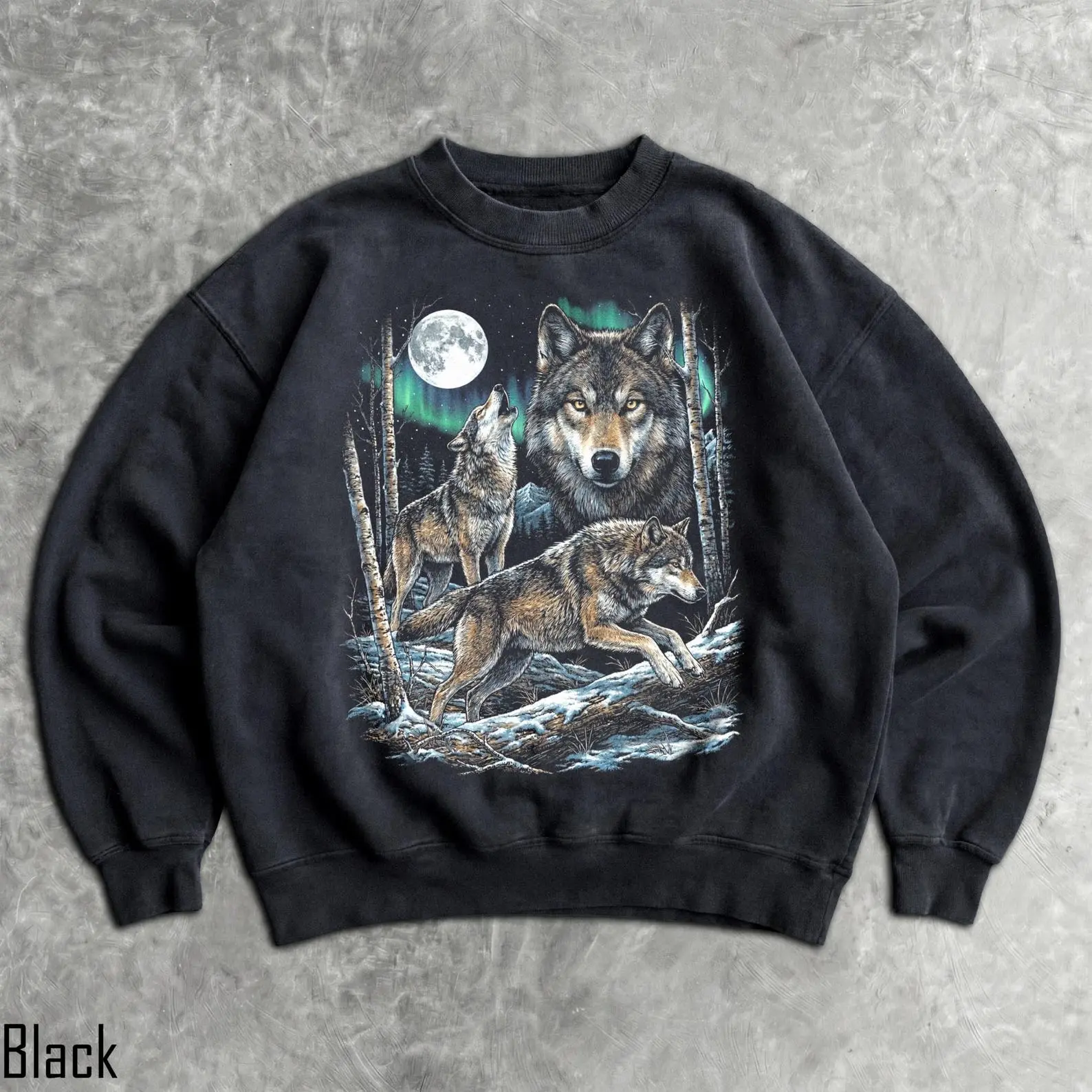 Vintage Wolf Pack Northern Lights Aurora Full Moon Graphic Sweatshirt And T-Shirt | Wilderness Nature Wildlife Aesthetic Graphic Pullover Retro Top