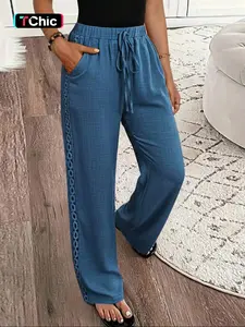 Women's Casual Solid Color Denim Effect Linen Contrast Lace Trim Straight Pants Bottoms Fall Cloth For Women