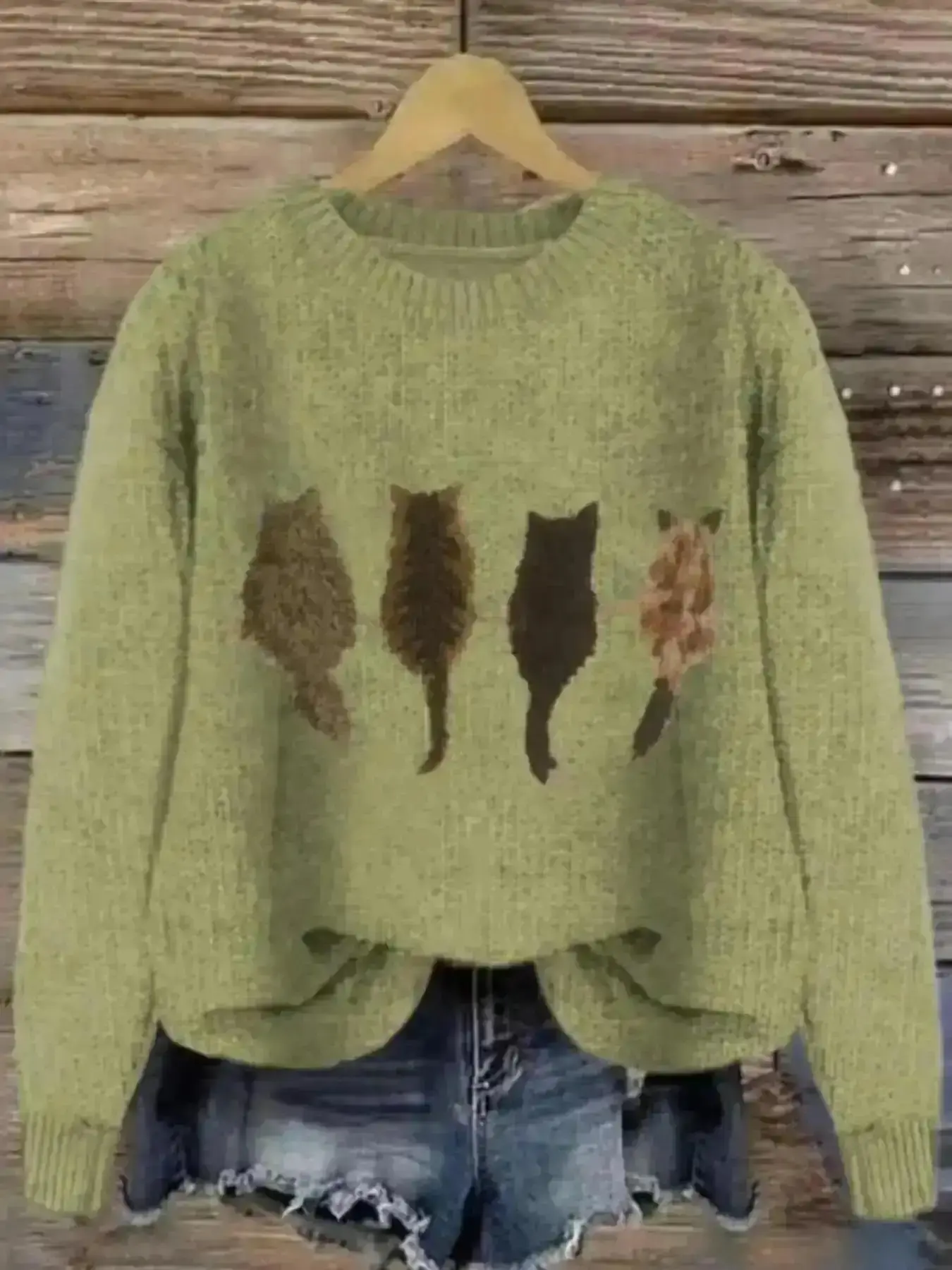 Classic Women's Cat Pattern Knit Sweater, Soft Comfortable Round Neck Pullover, New Design Casual Fashion Lazy Style Top, Knitwear, Lightweight Breathable Soft Fabric Daily Comfort Fit Essential Wardrobe Piece Casual