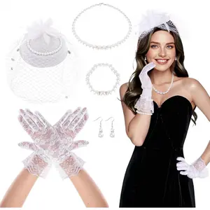 Tea Party Fascinator Hat for Women Fascinators Headband with Veil Lace Gloves Pearl Set Halloween Wedding
