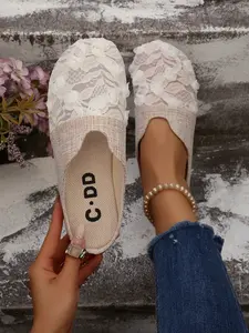 Women's Floral Lace Flat Sandals, Elegant Anti-Slip Slip-On Shoes, Comfortable Textile Upper, Perfect for Weddings & Dates