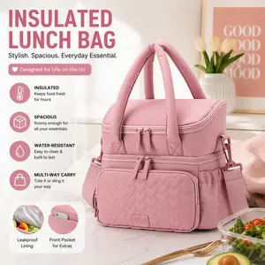 9L Doubledeck Insulated Lunch Bag - Double Compartment Quilted Puffer Tote, Leakproof Waterproof Zip-Closure, Durable, Thermal, Insulated Lunchbox Cooler, Portable, Temperature-Retention Reusable for Work, Picnic