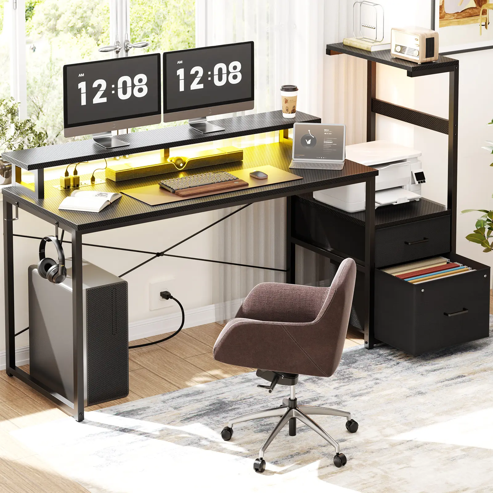 Cyclysio 60-in Ergonomic Reversible Corner Home Office Desk - Gaming Office Furniture with Adjustable Monitor Mount, Fabric Drawers, RGB LED Strip, Power Outlets