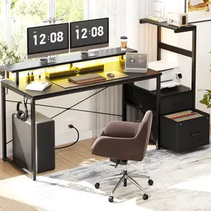 Cyclysio 60'' Reversible Small Gaming Desk with Monitor Stand & Fabric Drawers， Home Office Computer Desk with RGB LED Strip & Power Outlets