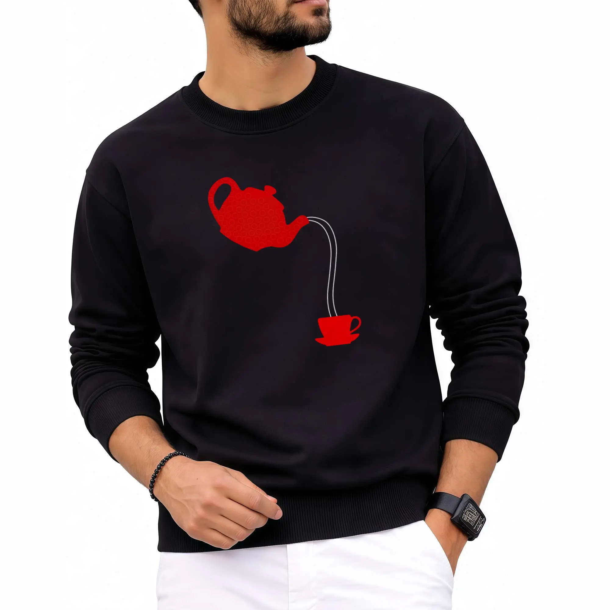 Stylish Long Sleeve Sweatshirt with Teapot and Cup Design for Tea Party Fans