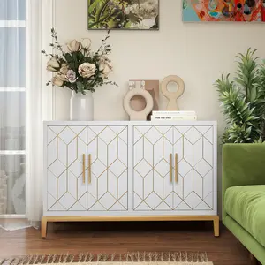 Gold Handle Tall Dresser Cabinet。Modern Geometric Pattern White Storage Cabinet with Gold Accents - Versatile, Stylish, Perfect for Living Room, Entryway, Bedroom | Spacious, Sturdy, Ideal for Home Decor Enthusiasts, Organizers, Minimalist Lover