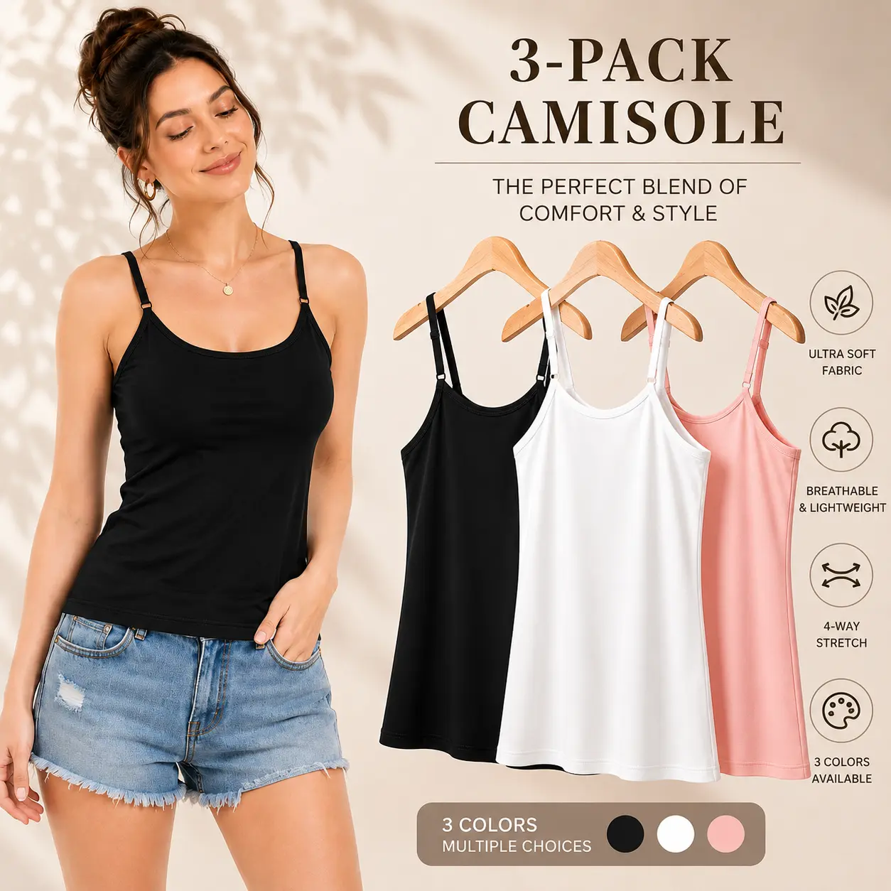 Women's 3-Pack Essential Minimalist Spaghetti Strap Tanks, Comfortable Breathable Adjustable Sleeveless Stretch Lightweight Basic Layering Summer Cami Shirts for Daily Wear, Vacation