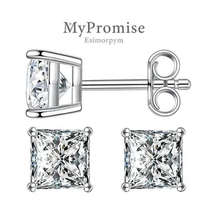 S925 Princess Cut Moissanite Fashionable Shiny Stud Earrings Birthday Wedding Anniversary Perfect Gifts for Women Girls Women Sturdy Minimalist Accessories