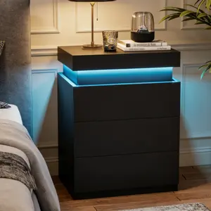 Nightstand with Charging Station and LED Lights,Night Stand with Sliding Top,Bedside Table with Drawers,Modern End Side Table for Bedroom