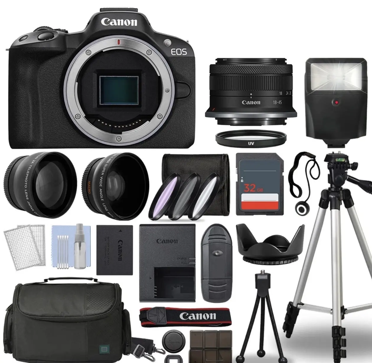 Canon EOS R50 Mirrorless Camera Black + 3 Lens Kit 18-45mm + 32GB + Flash & More