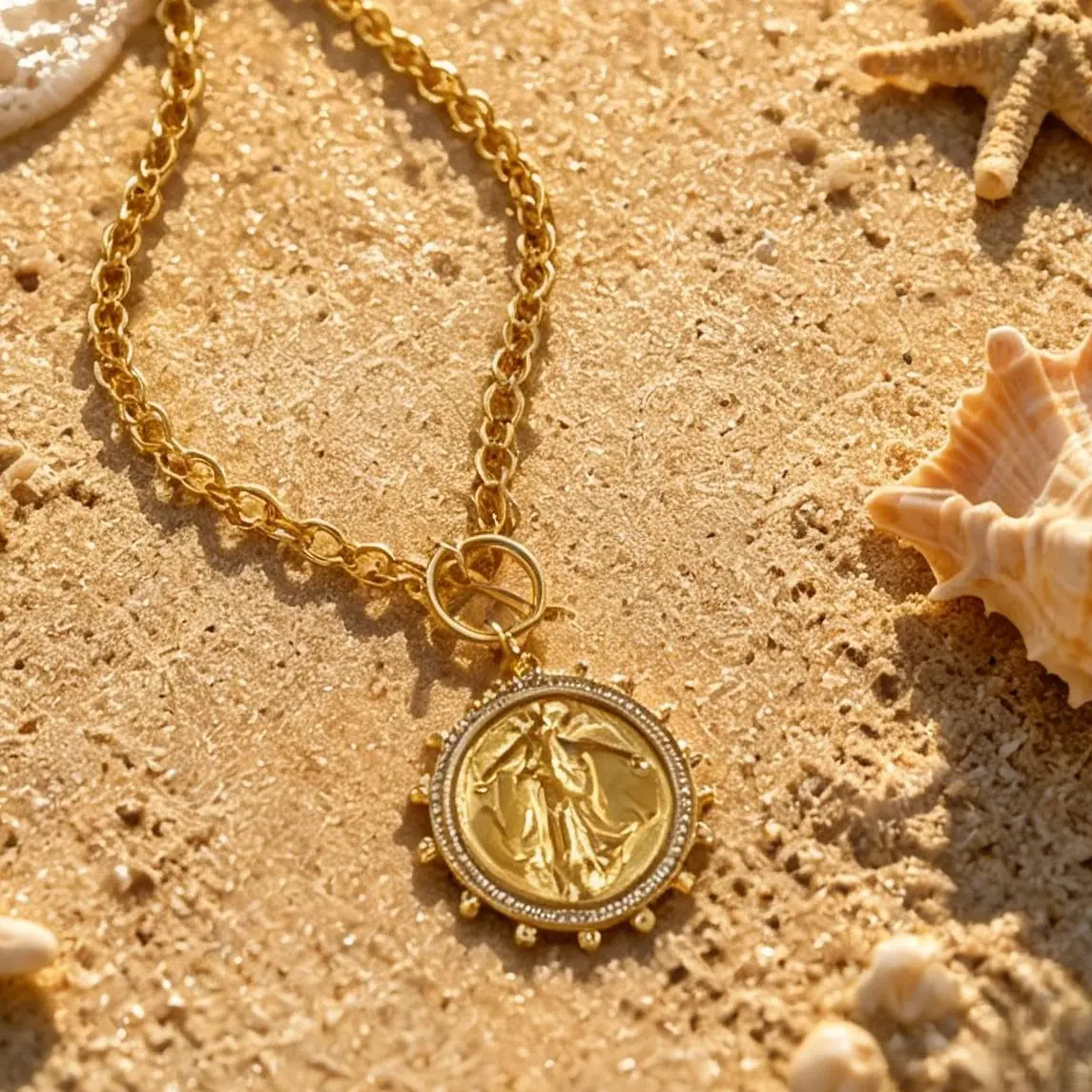 Chunky Gold Colored Chain-Link Necklace with Vintage Angel Coin Pendant - Bold Design, Tarnish-Proof Statement Jewelry for Women, Bold Design Necklaces, Chain Links Necklaces