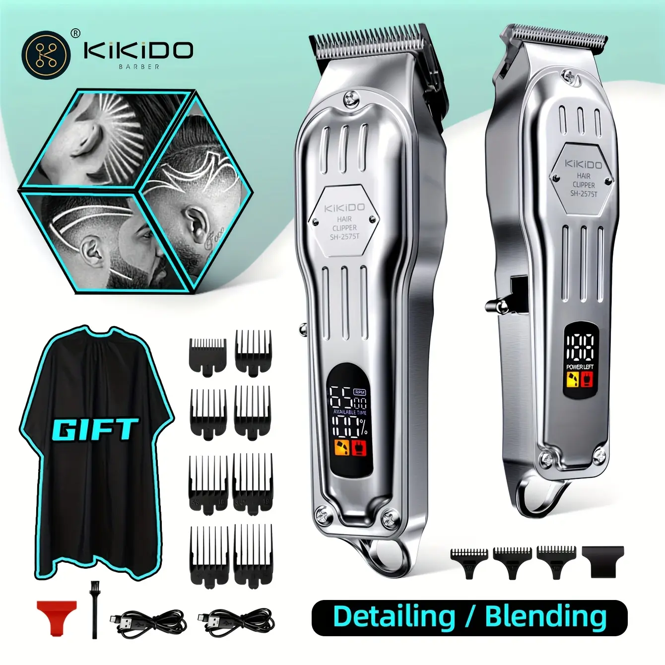 KiKiDO Barber Dual Hair Clipper Kit Cordless for Men Women Children Home & Salon Use LCD Screen Strong Power Ultra Long Battery Life Detailing Blending Combs Gift Package