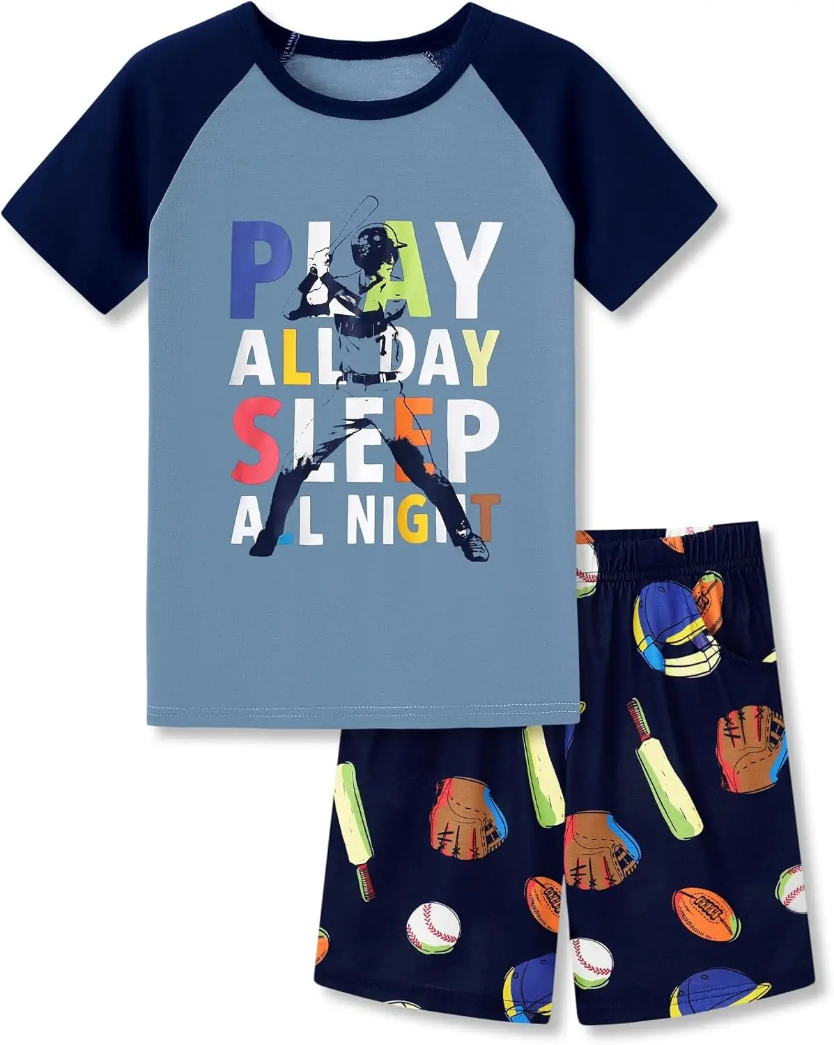Pajamas For Boys Fun Baseball Navy Blue Short Sleeves 2-Piece PJs Set Kid Comfy Sleepwear Size 6-18