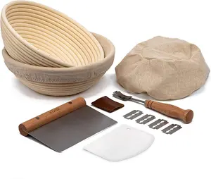 Proofing Set, by Kook, Sourdough Bread, 2 Rattan 9 Inch Banneton Baskets, 2 Basket Covers, Metal Scraper, Plastic Scraper, Scoring Lame, 5 Blades and Case, Baking Kit, Dough Bowls, Round Shape