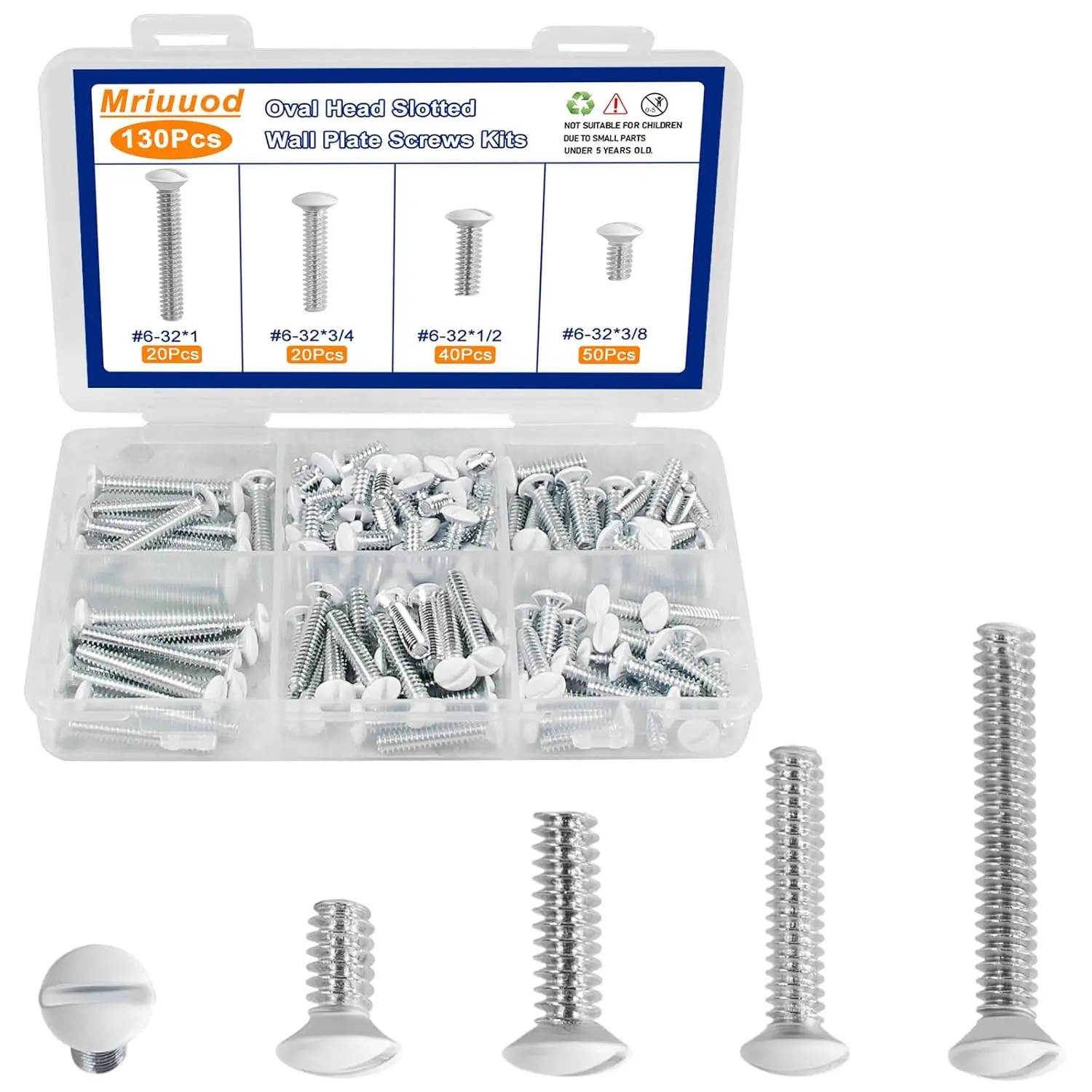 130Pcs Wall Plate Screws Kit, #6-32 Outlet Cover Screws,Switch Plate Fasteners,Electrical Panel Screws,4 Length 3/8", 1/2", 3/4", 1" Long Outlet Screws for Light Switch Plate (White)