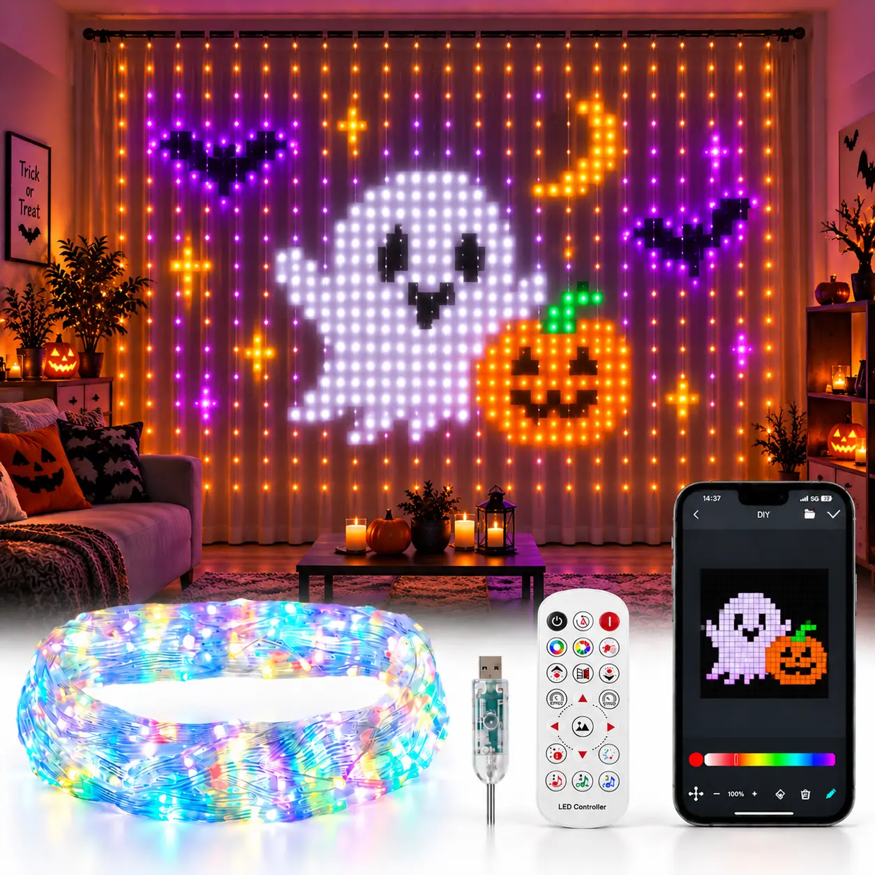Smart RGB LED Curtain Lights - 400-LED Waterproof Adjustable Brightness String Lights with App Control for Bedroom, Christmas & Room Decor, Rgb Waterproof