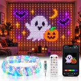 Smart RGB LED Curtain Lights - DIY Custom Pattern Display, App & Remote Controlled String Lights, Adjustable Brightness, Colorful Animated Lighting for Halloween, Christmas, Bedroom, Party & Home Decor