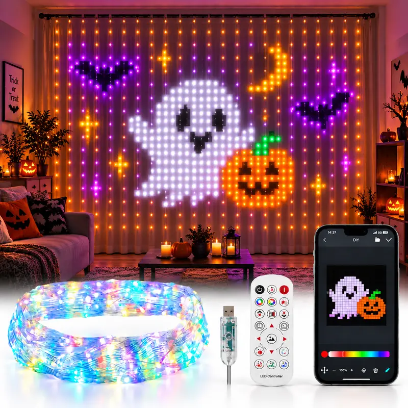 Smart RGB LED Curtain Lights - DIY Custom Pattern Display, App & Remote Controlled String Lights, Adjustable Brightness, Colorful Animated Lighting for Halloween, Christmas, Bedroom, Party & Home Decor