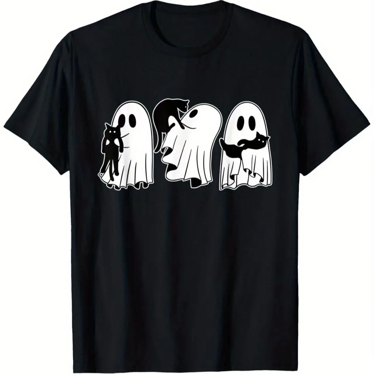 Men's Casual Cotton Short-Sleeve T-Shirt, Funny Cartoon Ghost & Black Cat Print