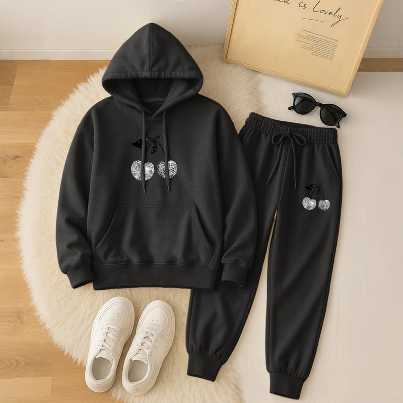 Women's Cherry Hoodie And Drawstring Track Pants Set, Casual Sportswear, Long-Sleeved Hooded Jacket And Pants, Suitable For Autumn And Winter, Everyday Wear, Indoor And Outdoor Sportswear, Sportswear Set, Casual Sportswear.