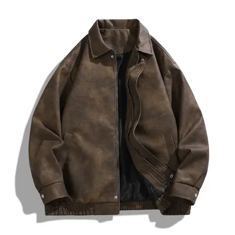 Men's Vintage Distressed Brown Faux Leather Jacket Oversized Retro PU Leather Bomber Jacket Lapel Zip-Up Streetwear Coat Casual Windbreaker Fall Winter Outerwear Long Sleeves Unisex