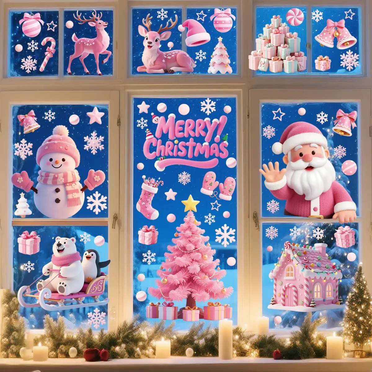 9 Sheets/set 3D Holiday Window Stickers, Santa Snowman Penguin Polar Bear Designs, Glass Door Decoration for Christmas Shop Scene
