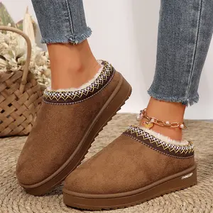 Women's Fashion Suede Mini Snow Boots Winter Fleece-Lined Slippers Embroidered Trim Comfortable Home Shoes Indoor Outdoor Shoes